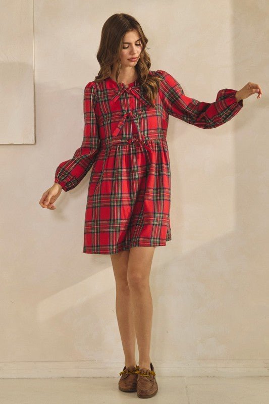 Merry & Bright Red Plaid Bow-Front Mini Dress - Bella Blossom Boutique