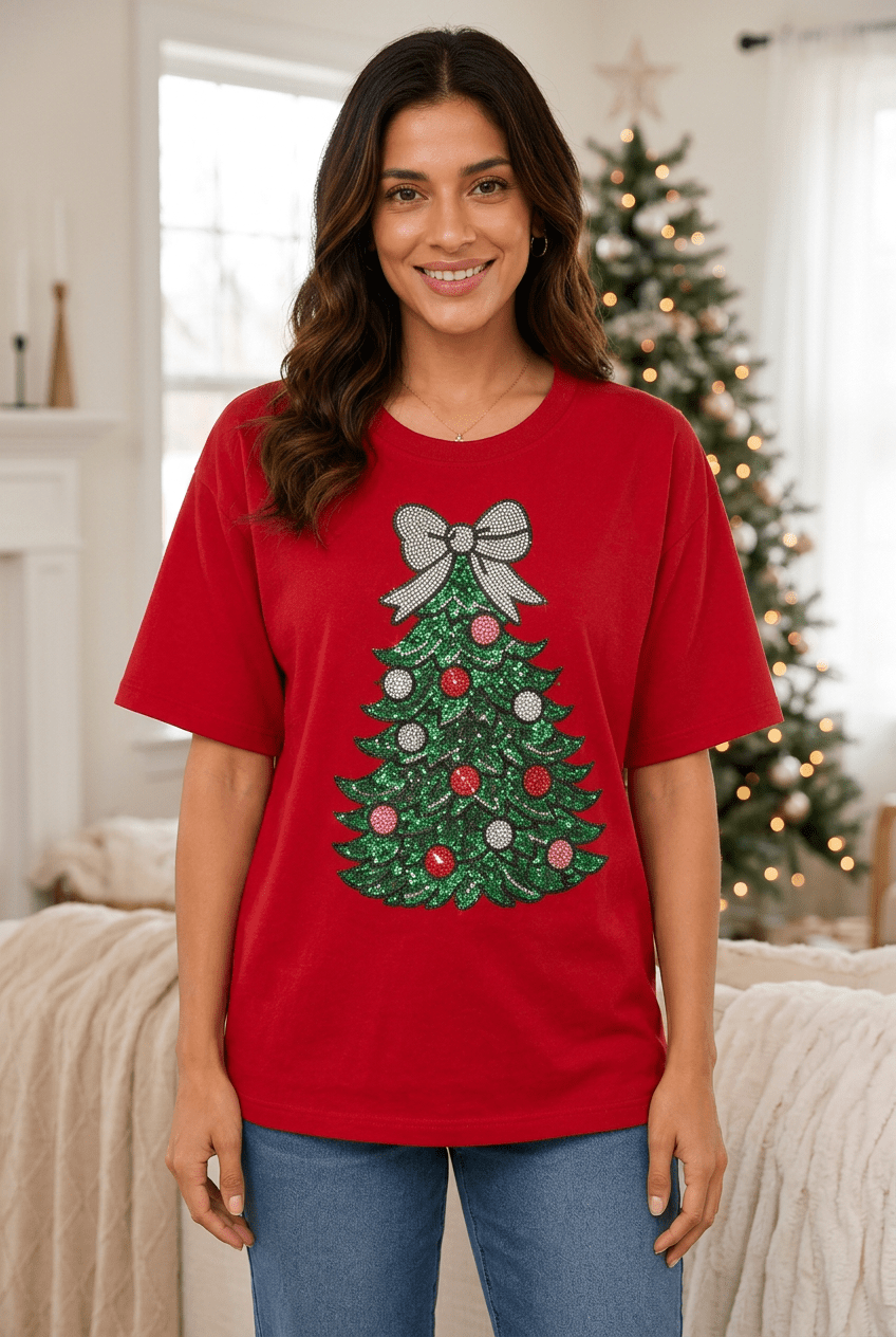 Merry & Bright Sequin Christmas Tree Holiday Tee - Bella Blossom Boutique