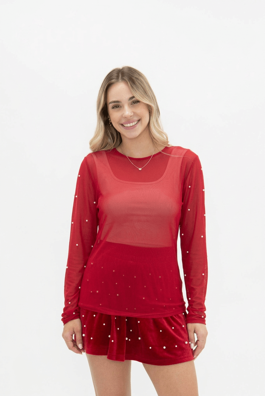 Mesh Long Sleeve Top with Pearl Detail - Bella Blossom Boutique