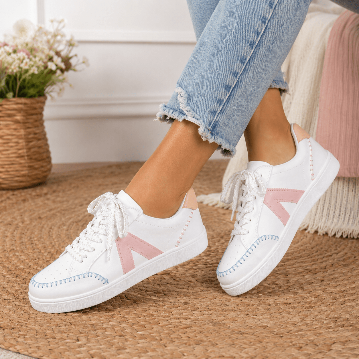 MIA Sleek White & Blush Sneakers – Chic Everyday Comfort with Boho Stitching - Bella Blossom Boutique
