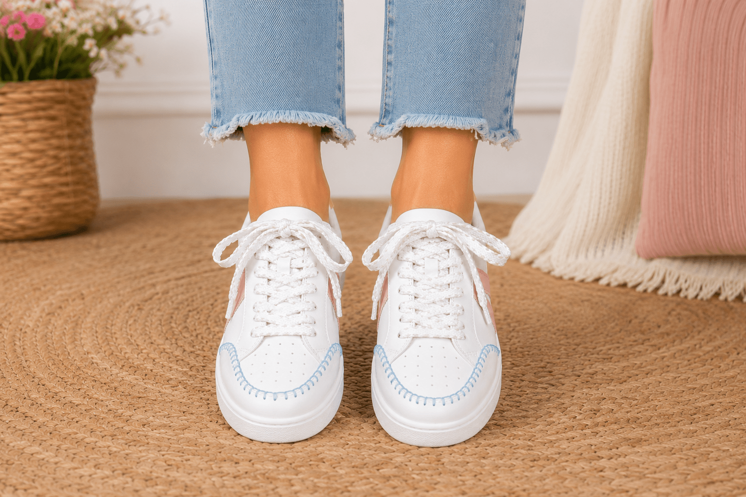 MIA Sleek White & Blush Sneakers – Chic Everyday Comfort with Boho Stitching - Bella Blossom Boutique