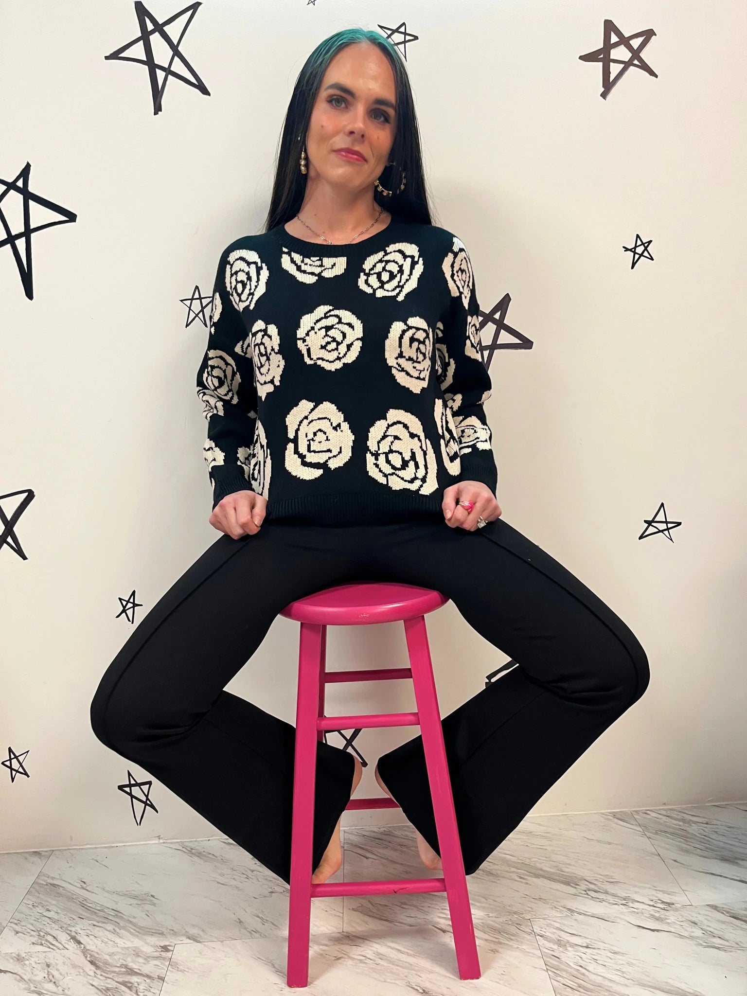 Midnight Bloom Rose Graphic Knit Sweater - Bella Blossom Boutique