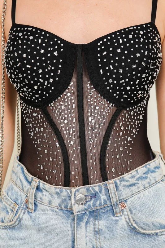 Midnight Glam Rhinestone Mesh Corset Bodysuit - Bella Blossom Boutique