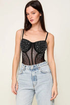 Midnight Glam Rhinestone Mesh Corset Bodysuit - Bella Blossom Boutique