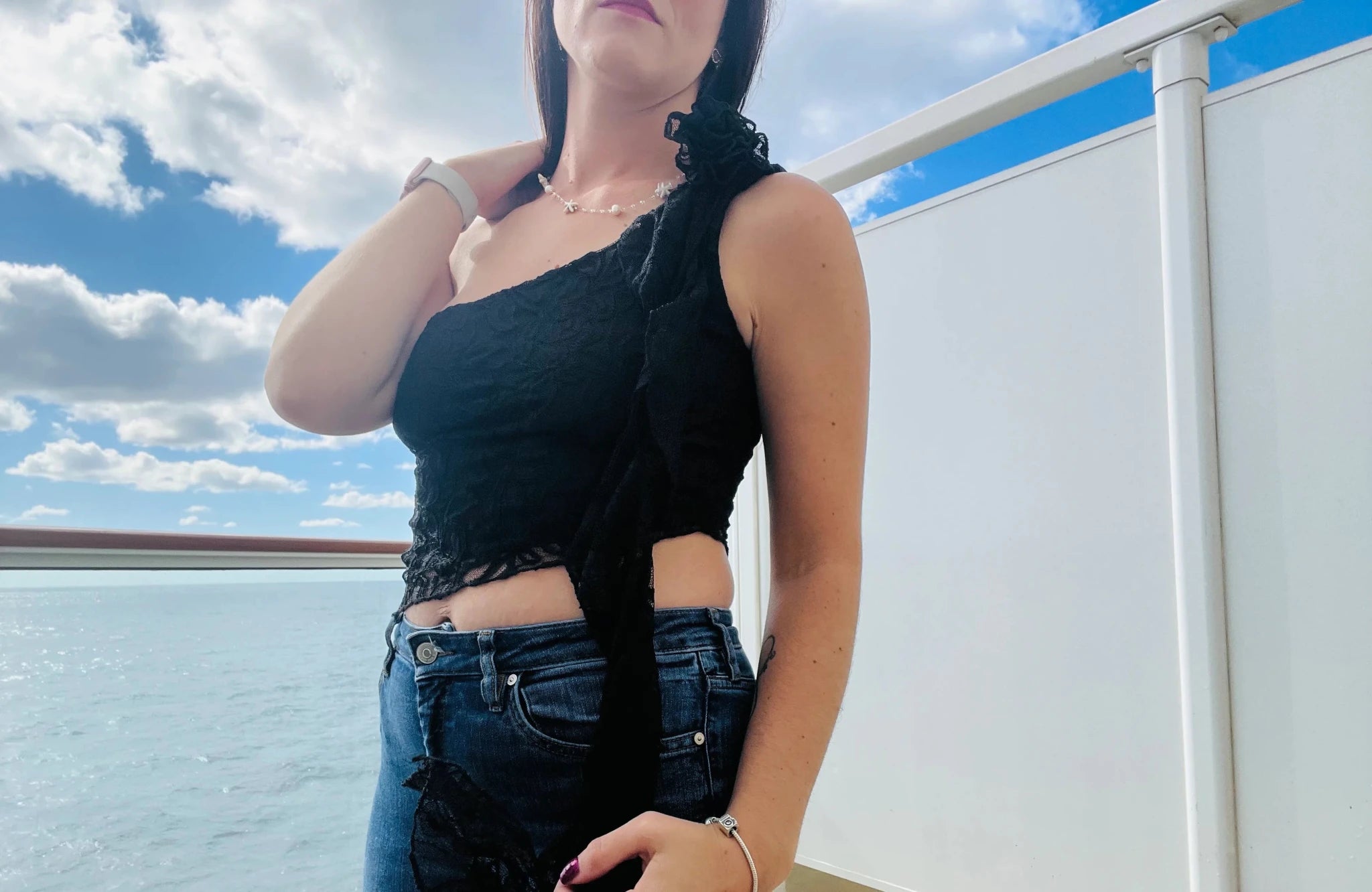 Midnight Lace One - Shoulder Ruffle Top - Bella Blossom Boutique