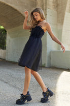 Midnight Muse | Ruffle Mesh Strapless Cocktail Dress - Bella Blossom Boutique