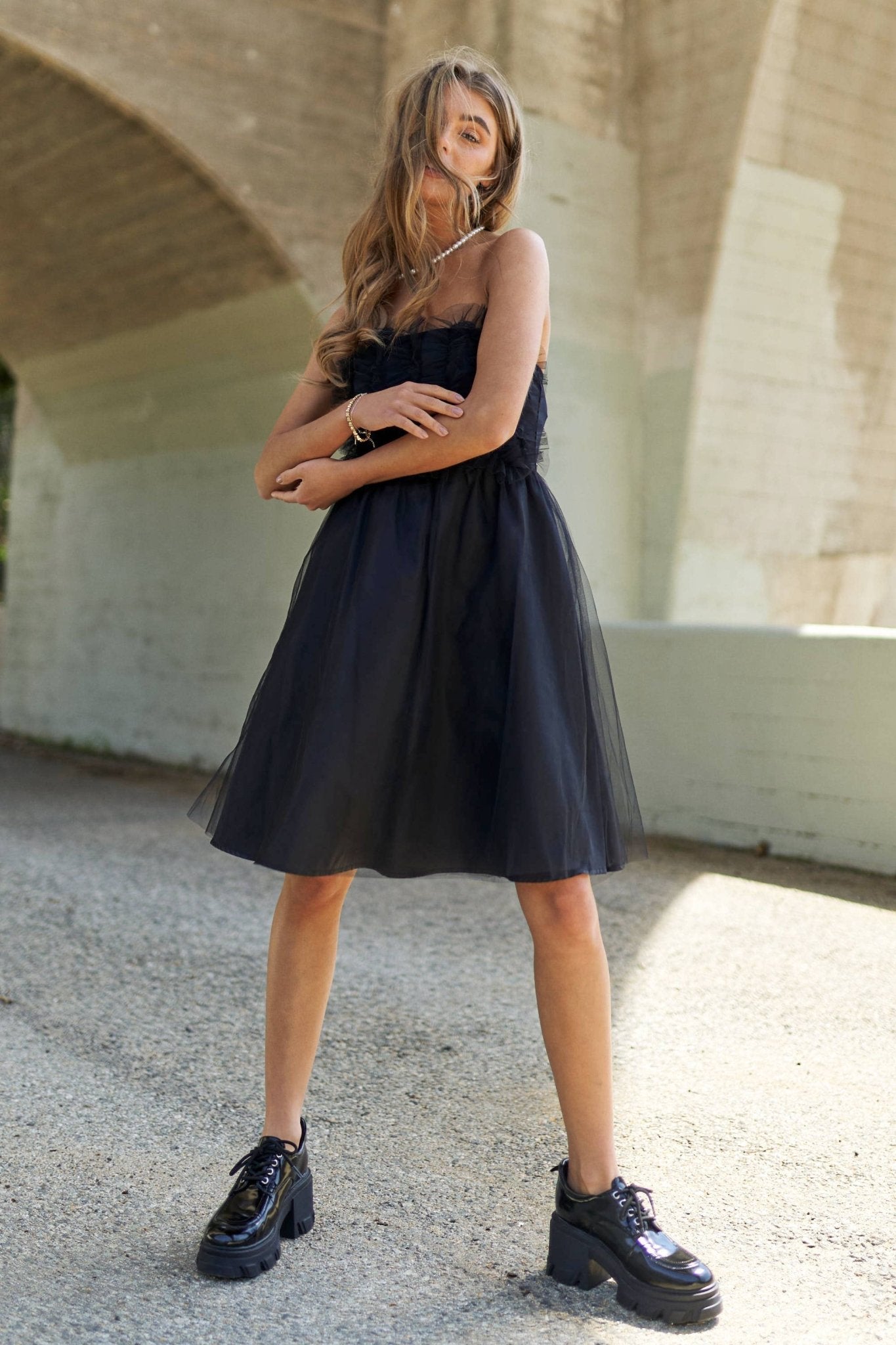 Midnight Muse | Ruffle Mesh Strapless Cocktail Dress - Bella Blossom Boutique