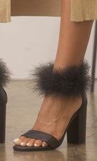 Midnight Plume | Black Feathered Ankle Block Heels - Bella Blossom Boutique