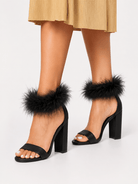 Midnight Plume | Black Feathered Ankle Block Heels - Bella Blossom Boutique