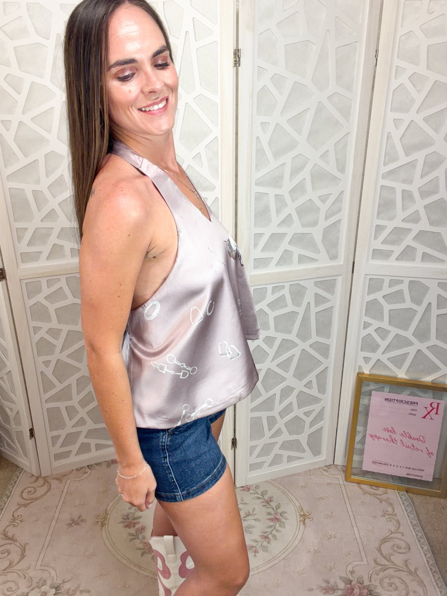 Midnight Rodeo: Equestrian Horse Print Satin Halter Tank - Bella Blossom Boutique