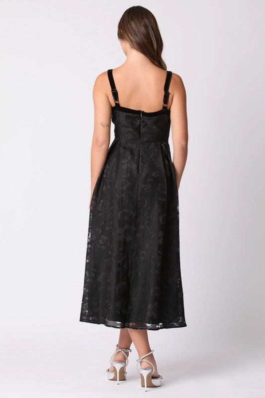 Midnight Rose Floral Velvet Jacquard Midi Dress - Bella Blossom Boutique