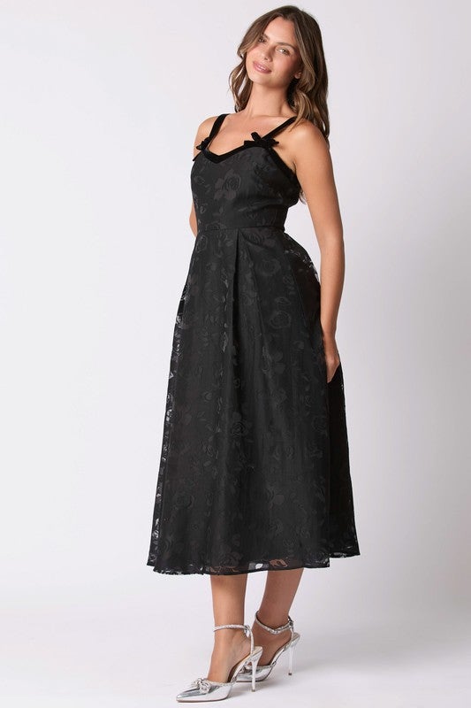 Midnight Rose Floral Velvet Jacquard Midi Dress - Bella Blossom Boutique