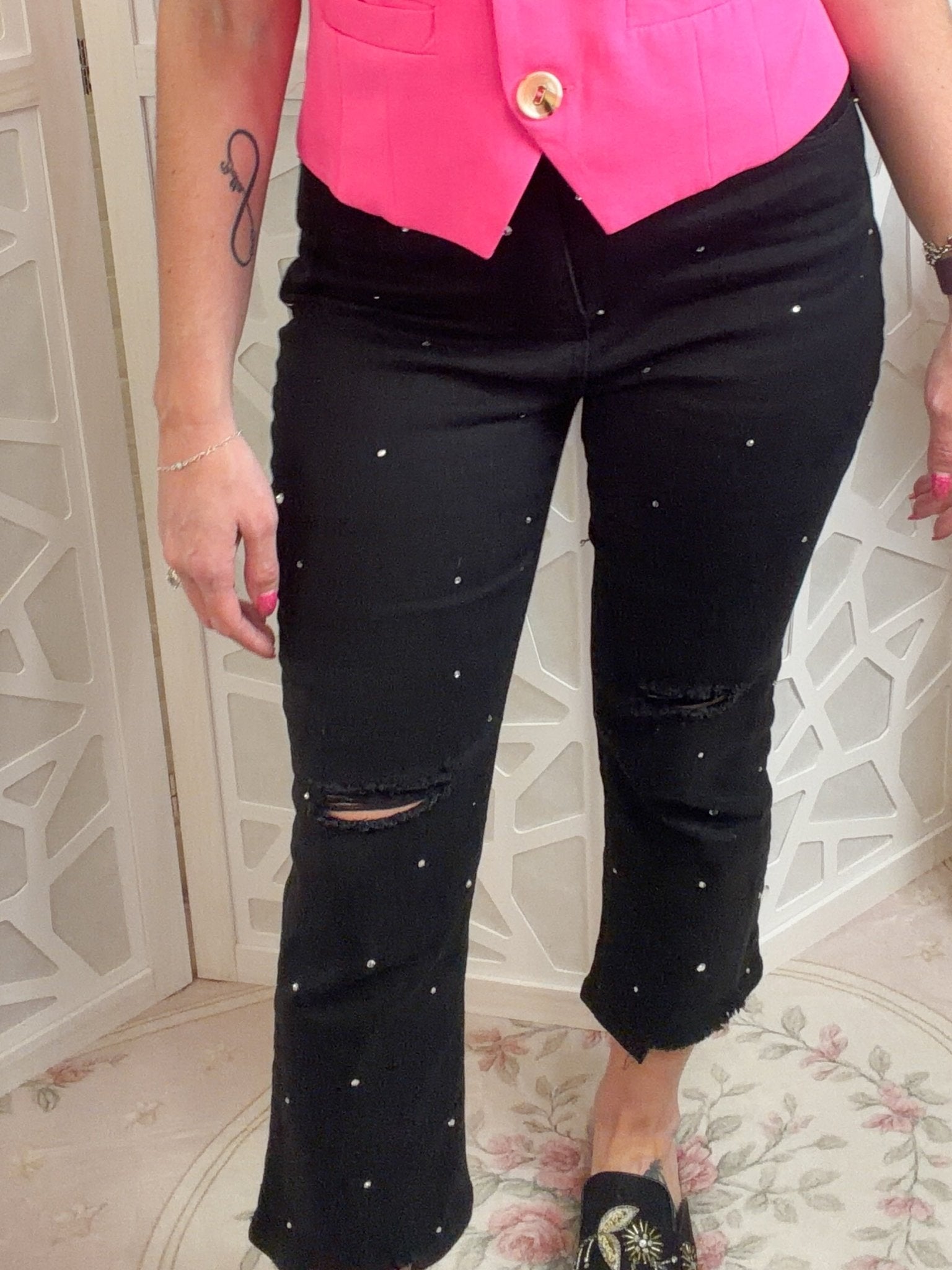 Midnight Sparkle: Studded Black Distressed Skinny Jeans - Bella Blossom Boutique