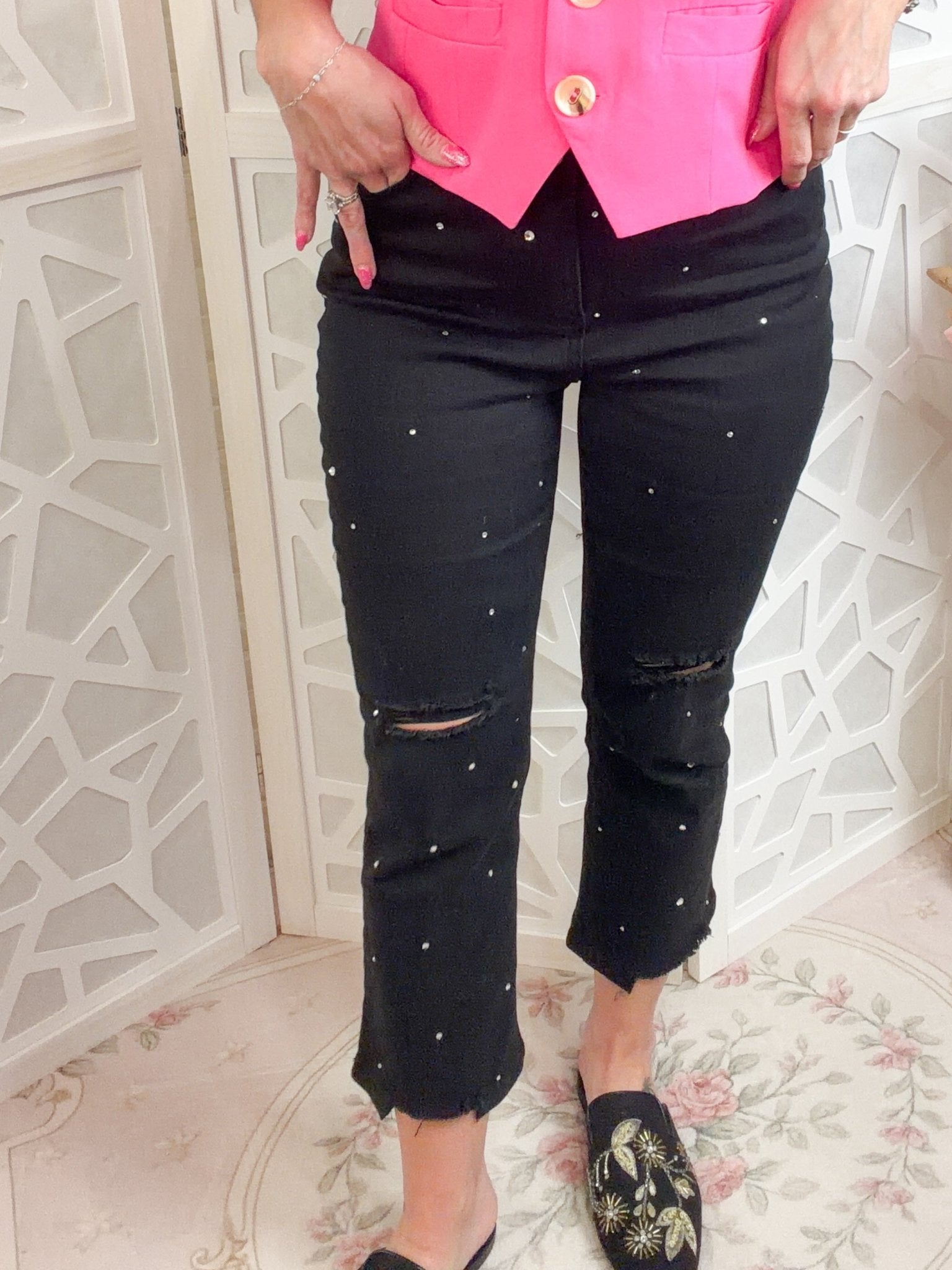 Midnight Sparkle: Studded Black Distressed Skinny Jeans - Bella Blossom Boutique