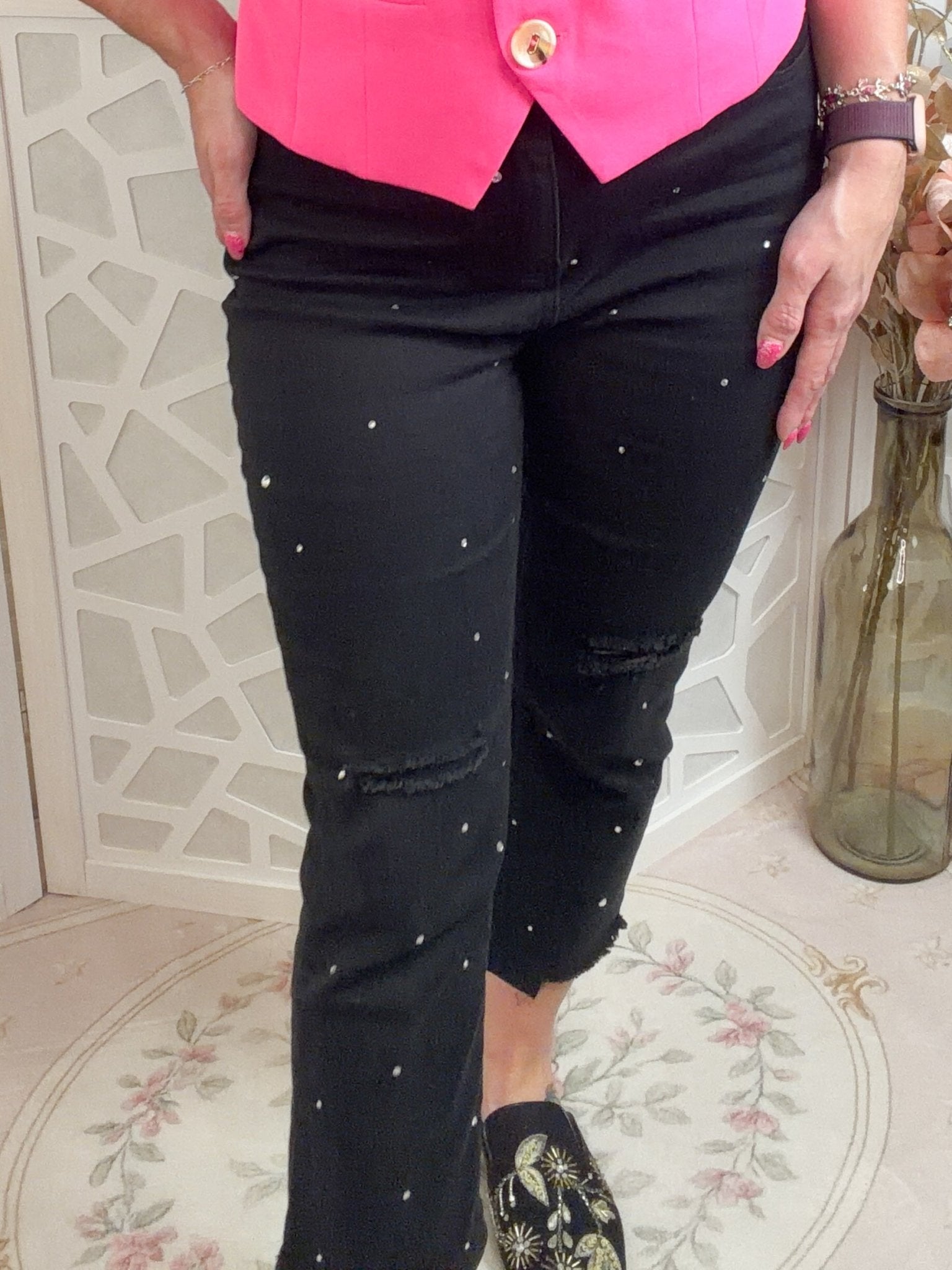 Midnight Sparkle: Studded Black Distressed Skinny Jeans - Bella Blossom Boutique