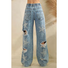 Midnight Star: Distressed Rhinestone Wide Leg Jeans (Mineral Wash) - Bella Blossom Boutique