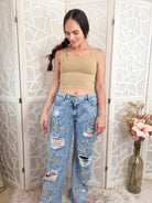 Midnight Star: Distressed Rhinestone Wide Leg Jeans (Mineral Wash) - Bella Blossom Boutique