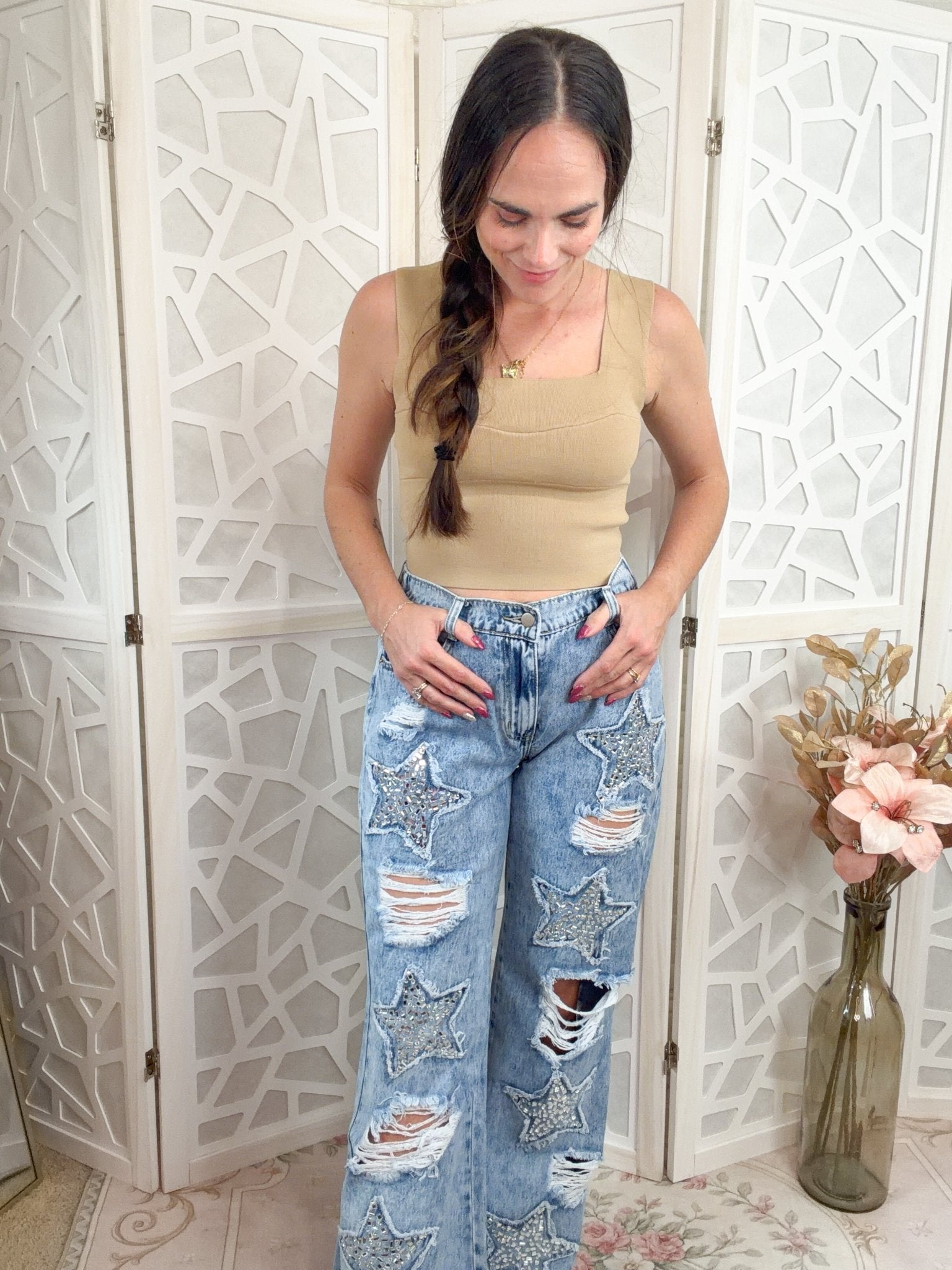 Midnight Star: Distressed Rhinestone Wide Leg Jeans (Mineral Wash) - Bella Blossom Boutique