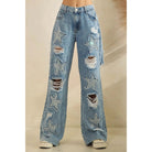 Midnight Star: Distressed Rhinestone Wide Leg Jeans (Mineral Wash) - Bella Blossom Boutique