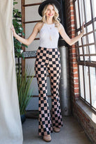 Mocha Retro Checkerboard High - Waist Flare Pants - Bella Blossom Boutique