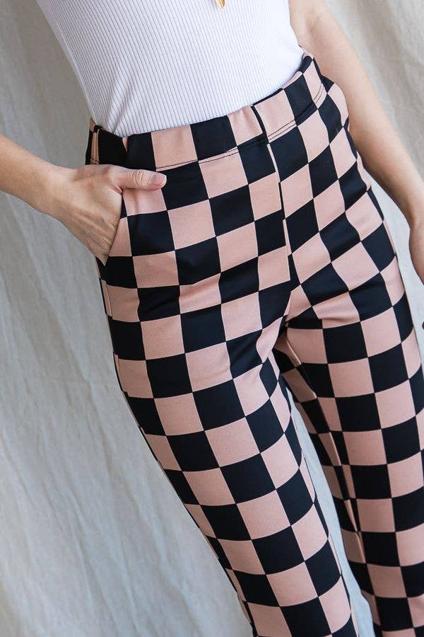 Mocha Retro Checkerboard High - Waist Flare Pants - Bella Blossom Boutique