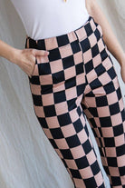 Mocha Retro Checkerboard High - Waist Flare Pants - Bella Blossom Boutique