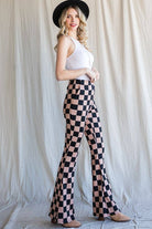 Mocha Retro Checkerboard High - Waist Flare Pants - Bella Blossom Boutique