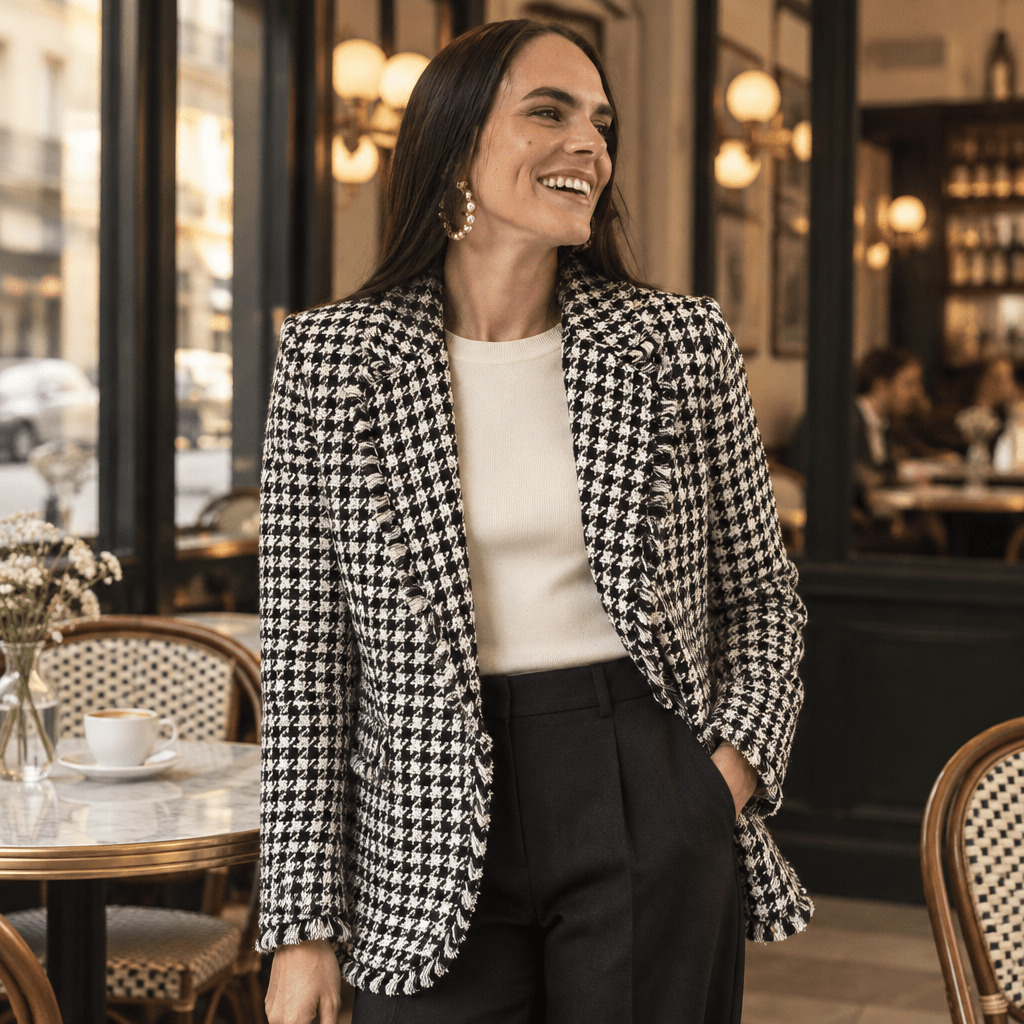 Modern Tailored Houndstooth Blazer with Fringed Trim - Bella Blossom Boutique