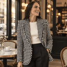 Modern Tailored Houndstooth Blazer with Fringed Trim - Bella Blossom Boutique