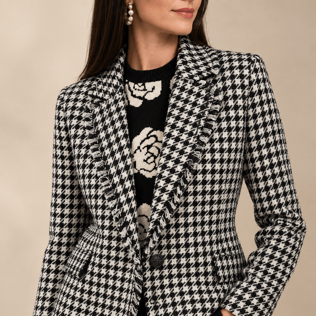 Modern Tailored Houndstooth Blazer with Fringed Trim - Bella Blossom Boutique