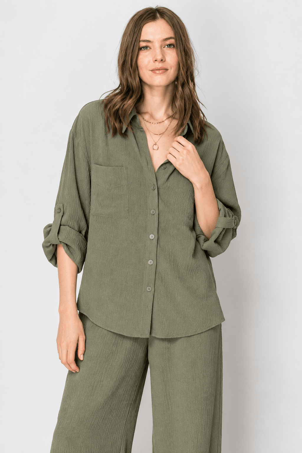 Olive Button Down Lounge Set - Bella Blossom Boutique