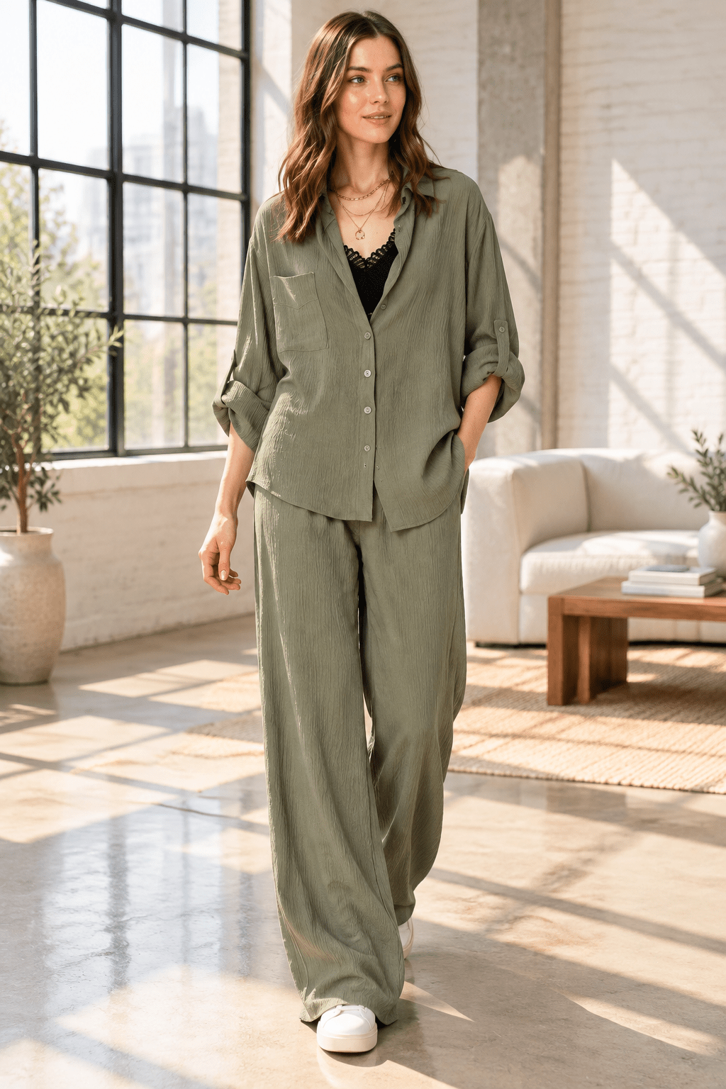 Olive Button Down Lounge Set - Bella Blossom Boutique