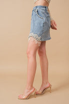 Pearl Pop Rhinestone Fringe Denim Mini Skirt - Bella Blossom Boutique