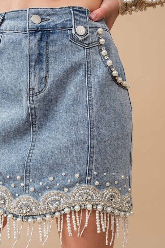 Pearl Pop Rhinestone Fringe Denim Mini Skirt - Bella Blossom Boutique