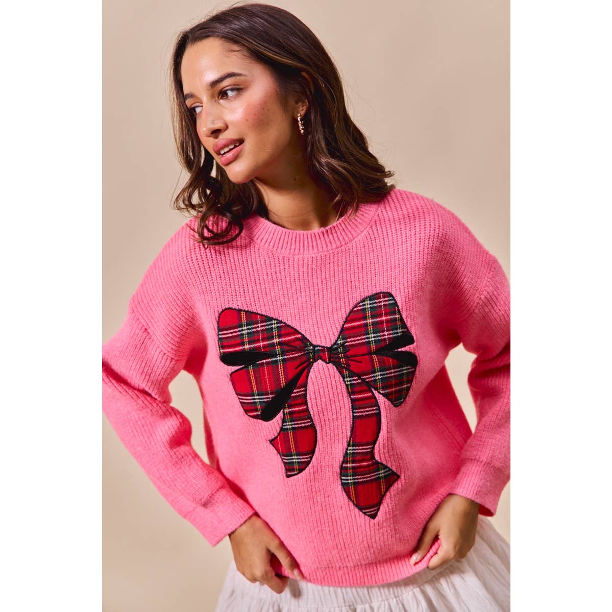 Pink Festive Plaid Bow Sweater – Oversized Holiday Ribbon Knit - Bella Blossom Boutique