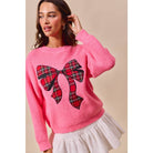 Pink Festive Plaid Bow Sweater – Oversized Holiday Ribbon Knit - Bella Blossom Boutique