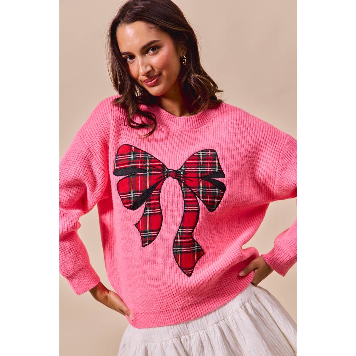 Pink Festive Plaid Bow Sweater – Oversized Holiday Ribbon Knit - Bella Blossom Boutique