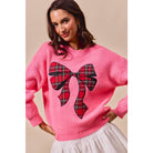 Pink Festive Plaid Bow Sweater – Oversized Holiday Ribbon Knit - Bella Blossom Boutique