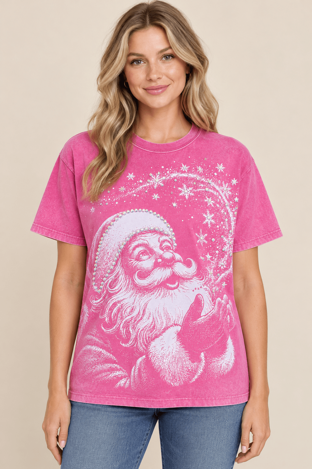 Pink Hand-Stoned Rhinestone Santa Tee - Bella Blossom Boutique