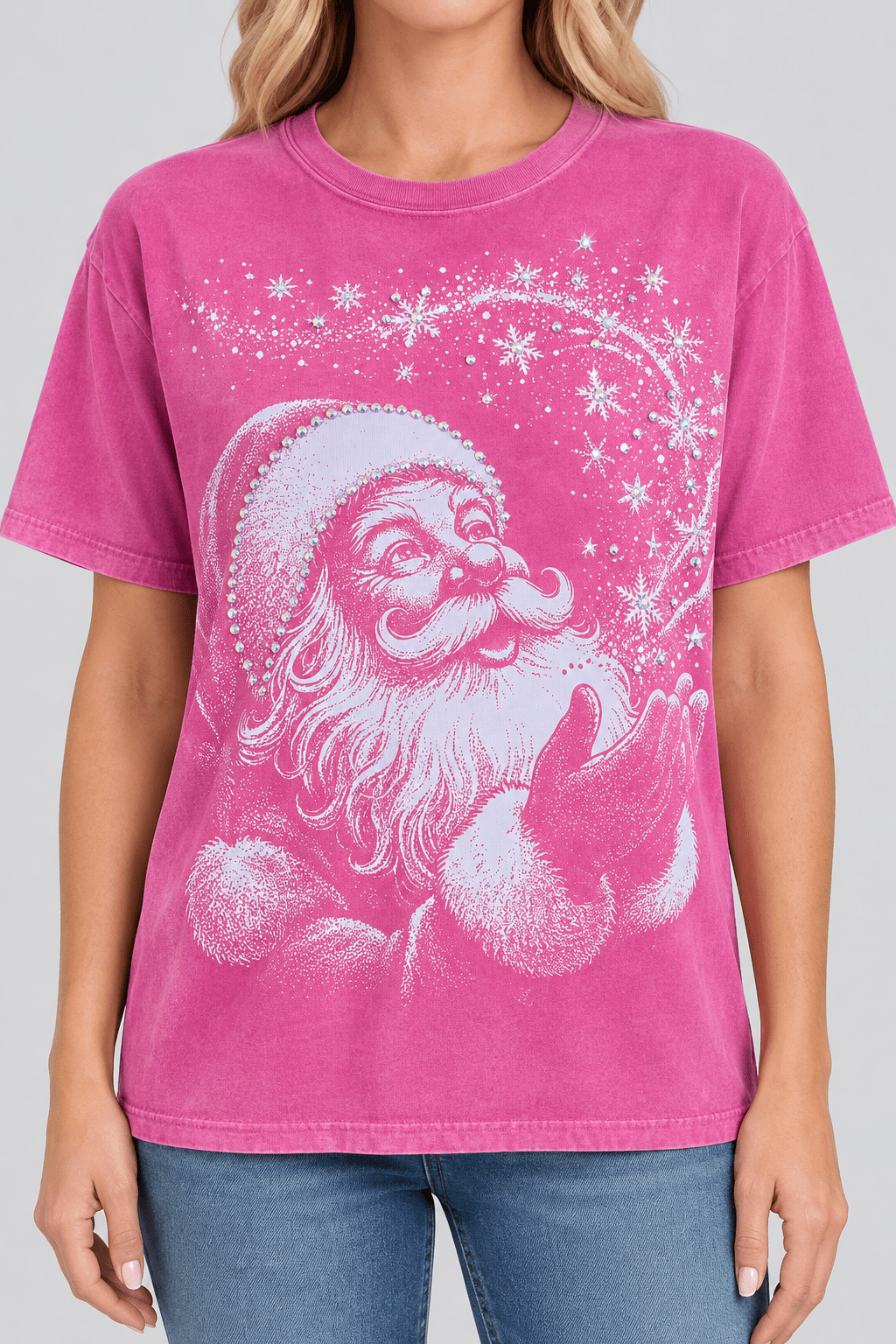 Pink Hand-Stoned Rhinestone Santa Tee - Bella Blossom Boutique
