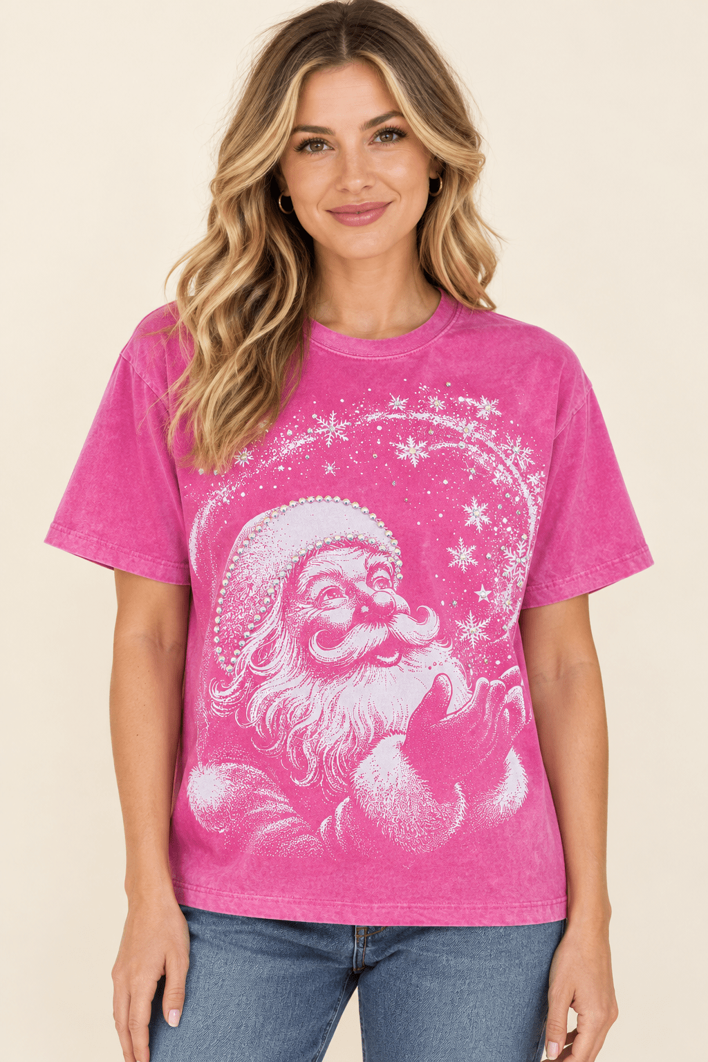 Pink Hand-Stoned Rhinestone Santa Tee - Bella Blossom Boutique