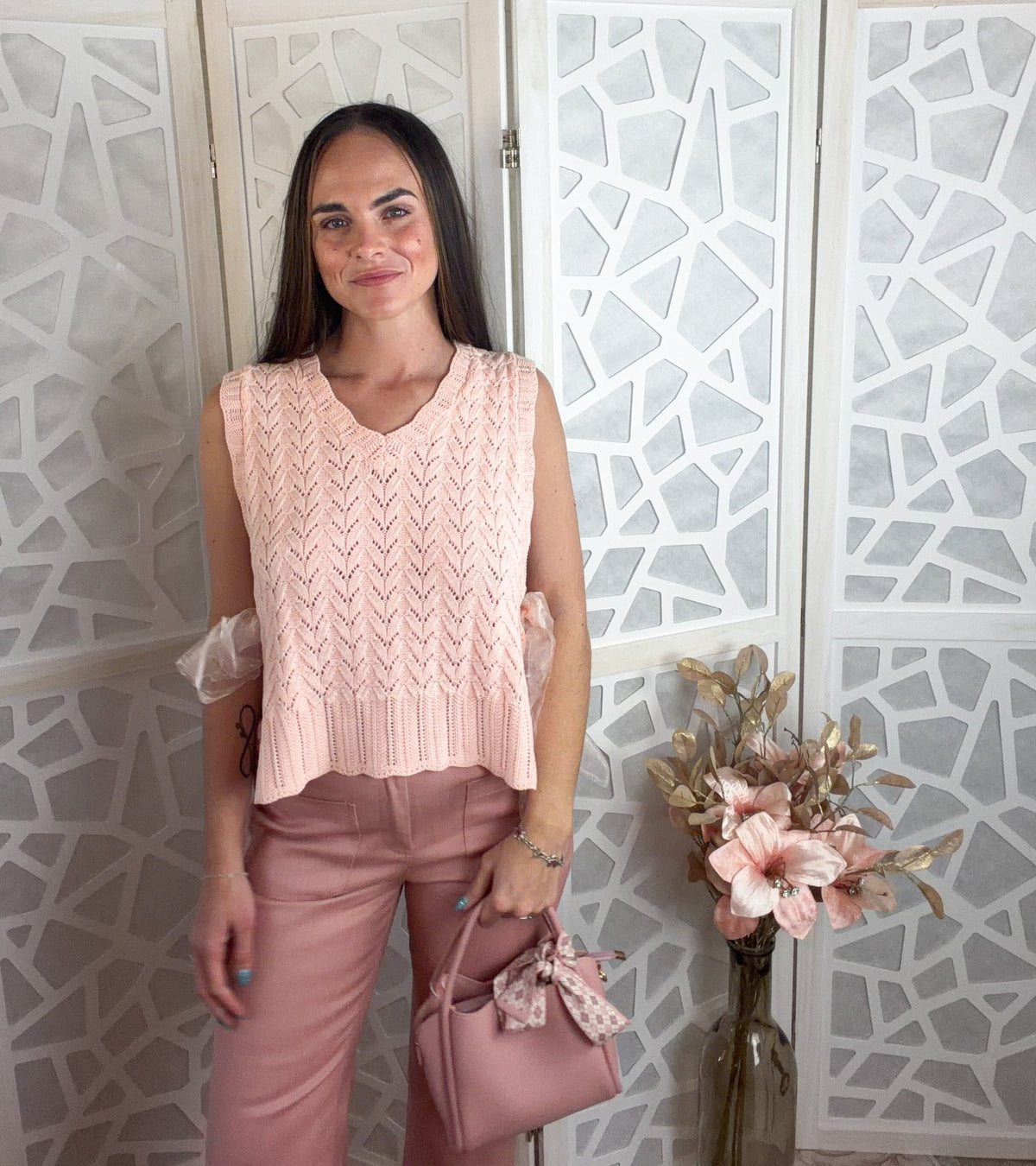 Pointelle Knit Ribbon-Tie Vest Top - Boho V-Neck Layering Piece - Bella Blossom Boutique