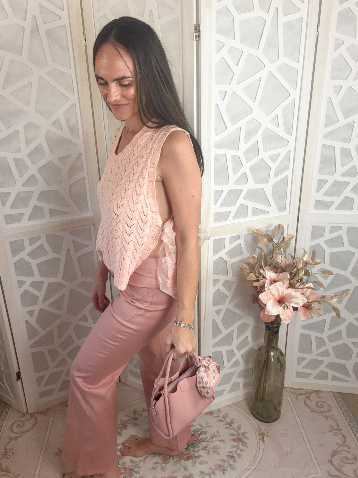 Pointelle Knit Ribbon-Tie Vest Top - Boho V-Neck Layering Piece - Bella Blossom Boutique