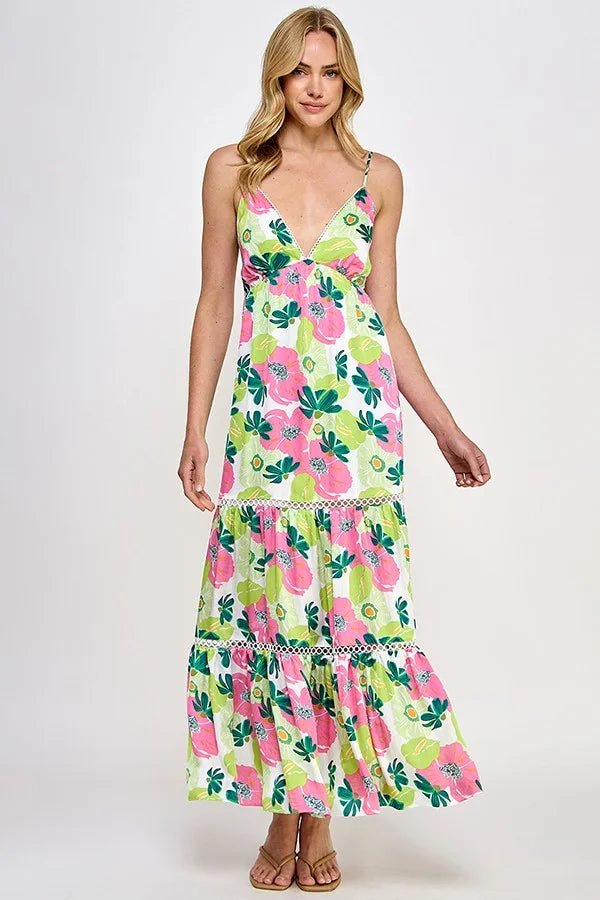Radiant Floral Silk Tiered Maxi Dress - Bella Blossom Boutique