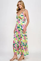 Radiant Floral Silk Tiered Maxi Dress - Bella Blossom Boutique