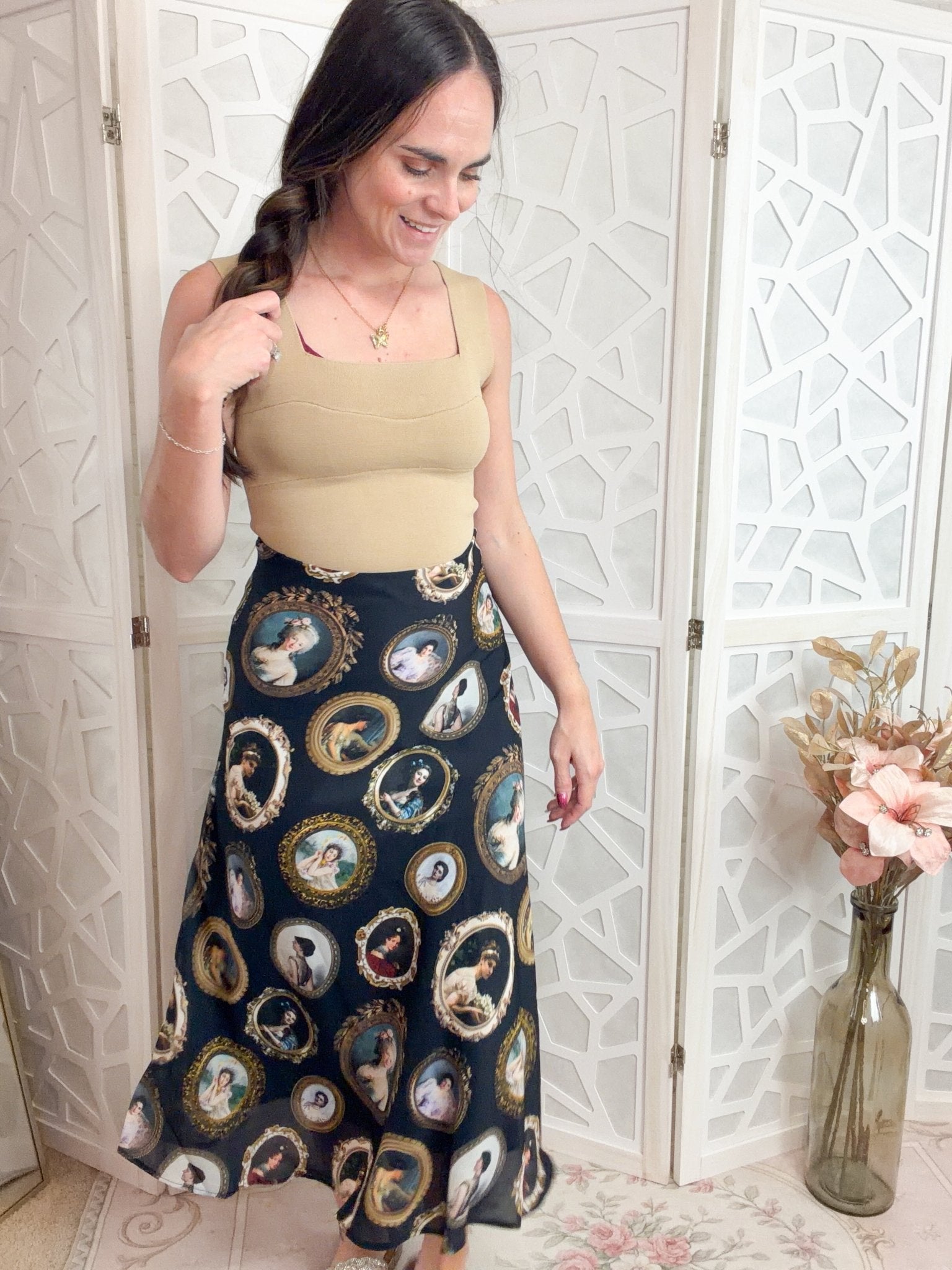 Regency Muse Vintage Portrait Print A - Line Midi Skirt - Bella Blossom Boutique