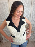 Retro Preppy Cable Knit Vest – Contrast Collar Sleeveless Sweater - Bella Blossom Boutique