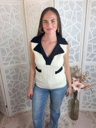 Retro Preppy Cable Knit Vest – Contrast Collar Sleeveless Sweater - Bella Blossom Boutique