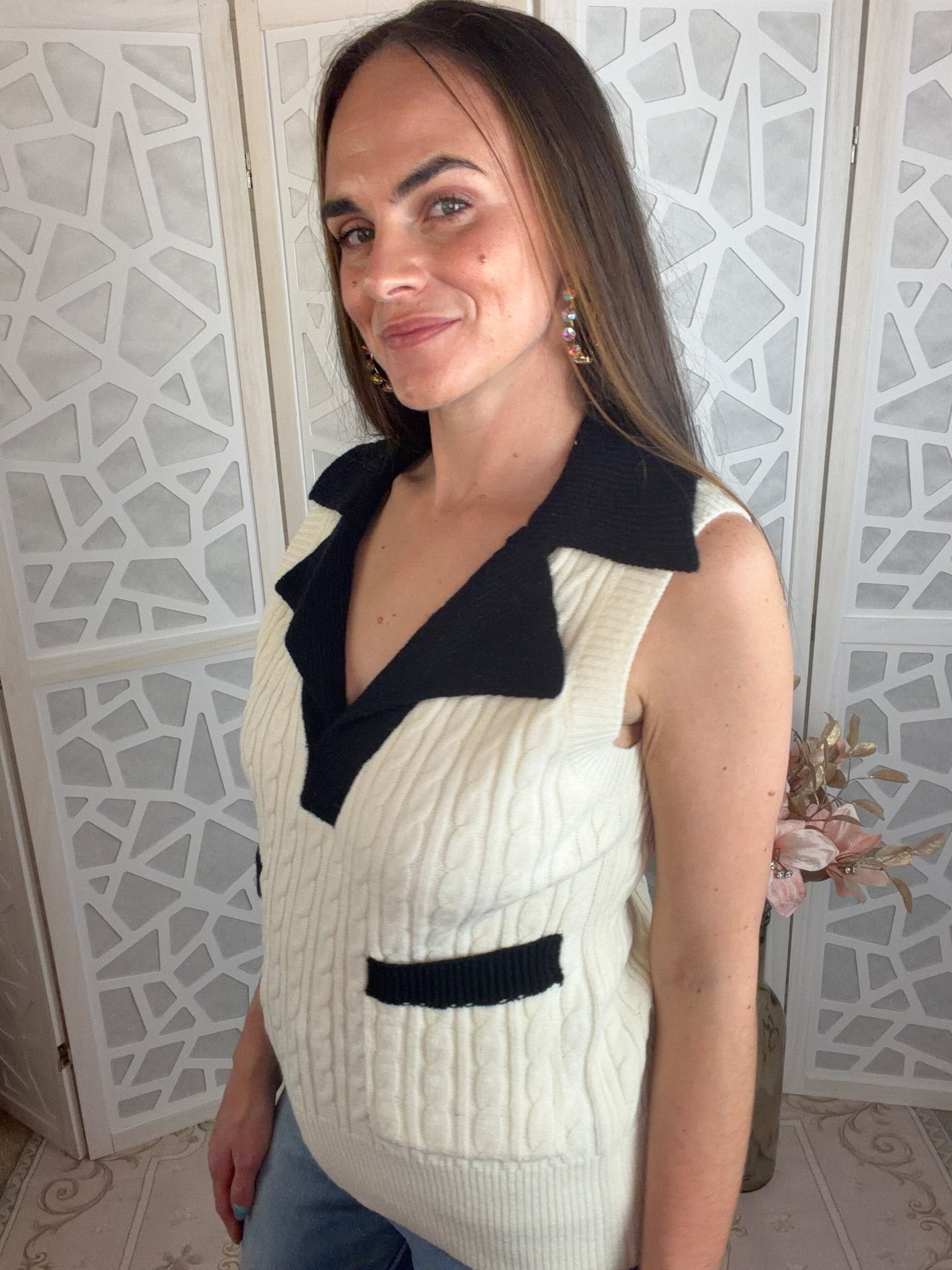 Retro Preppy Cable Knit Vest – Contrast Collar Sleeveless Sweater - Bella Blossom Boutique