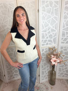 Retro Preppy Cable Knit Vest – Contrast Collar Sleeveless Sweater - Bella Blossom Boutique